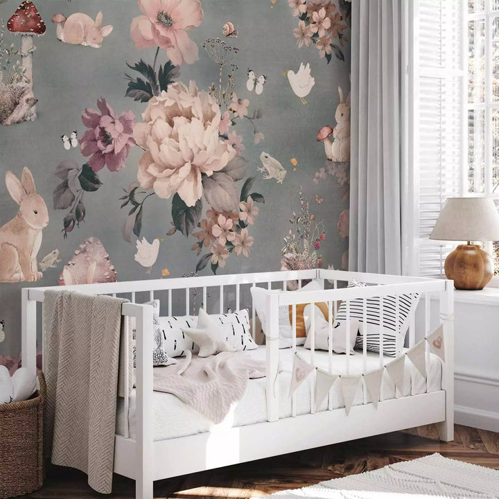 Fototapetai - Miško gyvūnai tarp gėlių pilkame fone, 149203