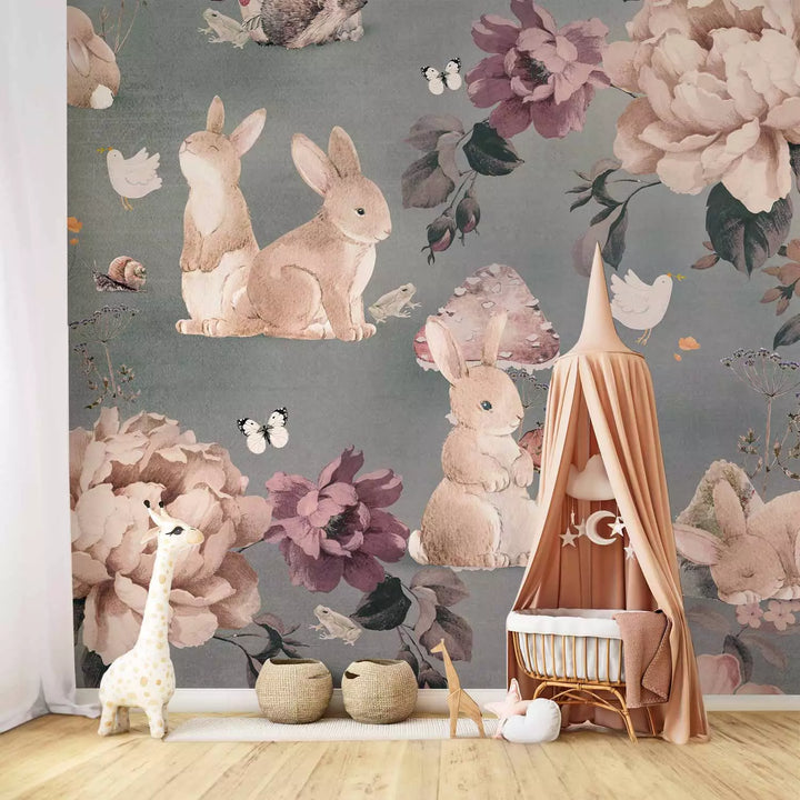 Fototapetai - Miško gyvūnai tarp gėlių pilkame fone, 149203