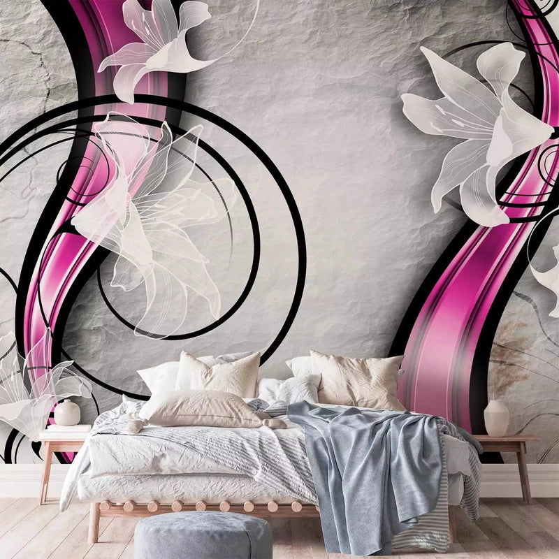 Wall Murals with white lilies on a gray background and purple lines G-ART