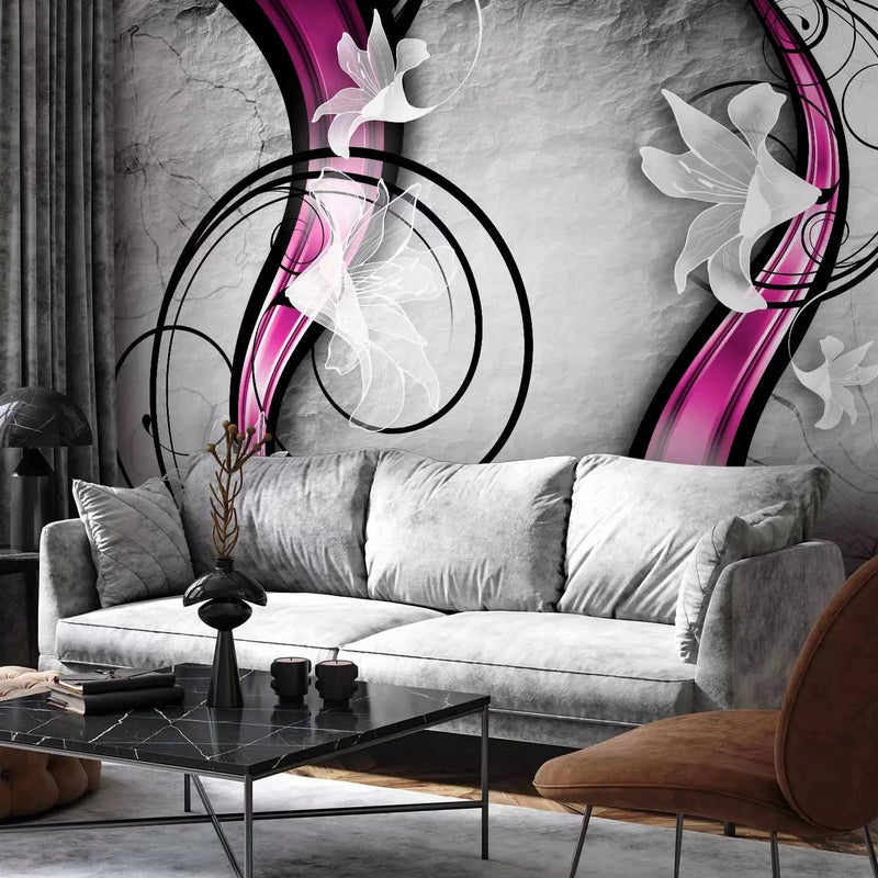 Wall Murals with white lilies on a gray background and purple lines G-ART