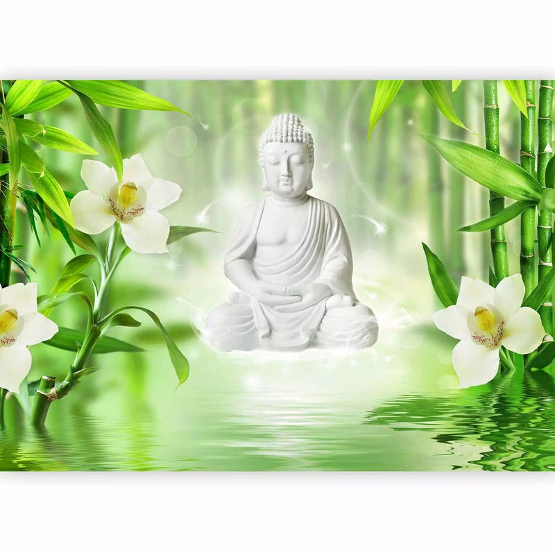 Wall Murals SPA with Buddha and white orchid in white, 61407G-ART