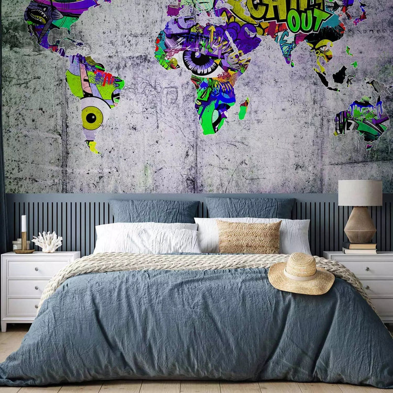 Wall Murals for a teenager - colourful world map on concrete background G-ART