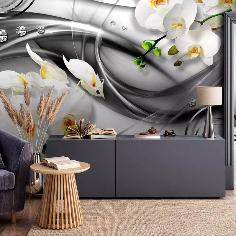 Wall Murals - Orchid on a silver background with diamonds, 97302 G-art