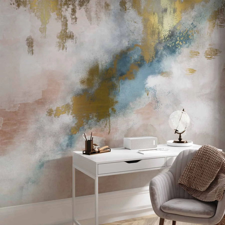 Photo wallpaper with a two-part composition: light gray concrete texture at the top, artistic powder-pink plaster strokes and blocks at the bottom.