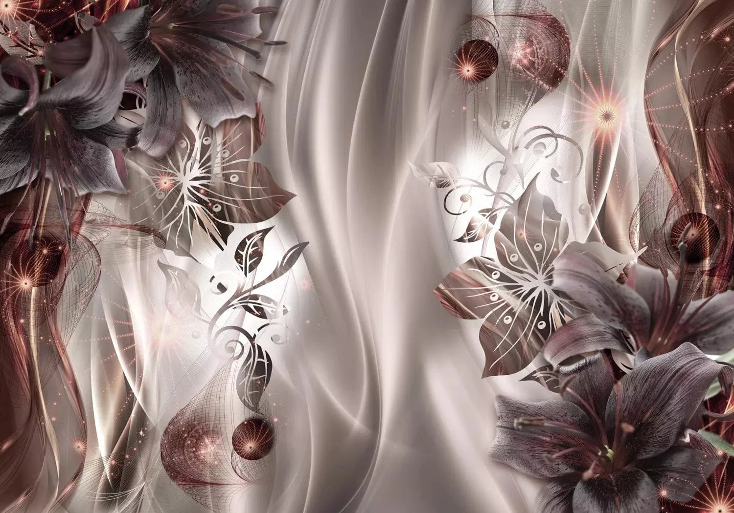 Fototapetes - abstrakcija ar lilijām - sarkanos, violetos toņos G-ART