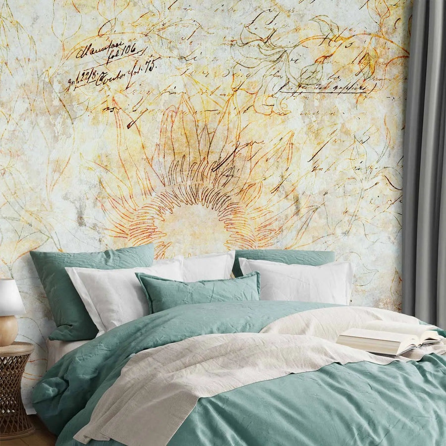 Vintage stila fototapete ar lielu saulespuķes ziedu, lapu motīviem un kaligrāfisku, roku rakstītu tekstu uz teksturēta, novecojuša papīra fona ohras un pelēkos toņos.
