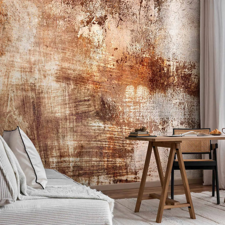 Industrial-style photo wallpaper with a striking rust effect, cracked white plaster, and gray concrete texture, creating an authentic visual image of a weathered surface.