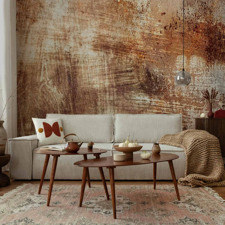 Industrial-style photo wallpaper with a striking rust effect - in the living room