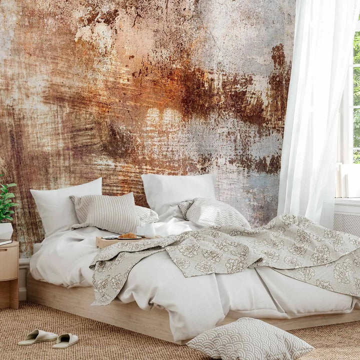 Industrial-style photo wallpaper with a striking rust effect in a light interior