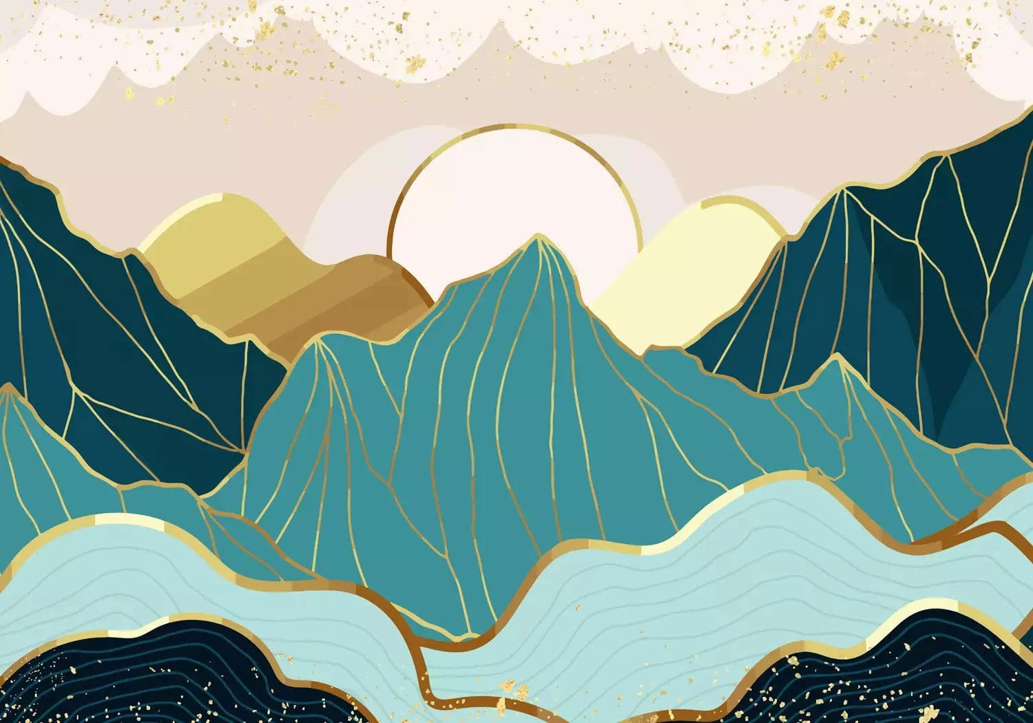 Fototapetes - Abstrakta ainava ar kalniem zilos toņos un zelta akcentu G-ART