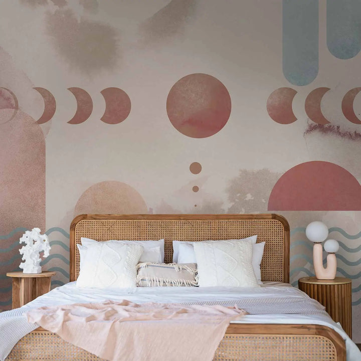Abstract wall mural featuring moon phase symbols, wavy motifs, and geometric arches in terracotta, beige, and muted blue tones on a watercolor-textured background.