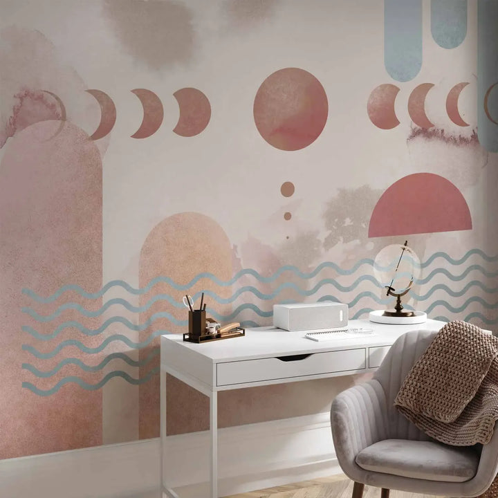 Abstract photo wallpaper with moon phase symbols, wavy motifs, and geometric arches – for the living room