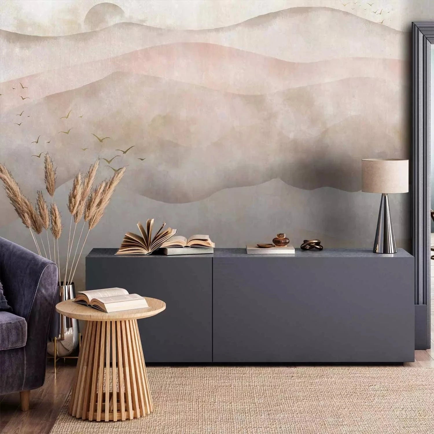 Fototapetes - Abstrakts kalnu ainava ar putniem un sauli bēšā krāsā -  G-ART