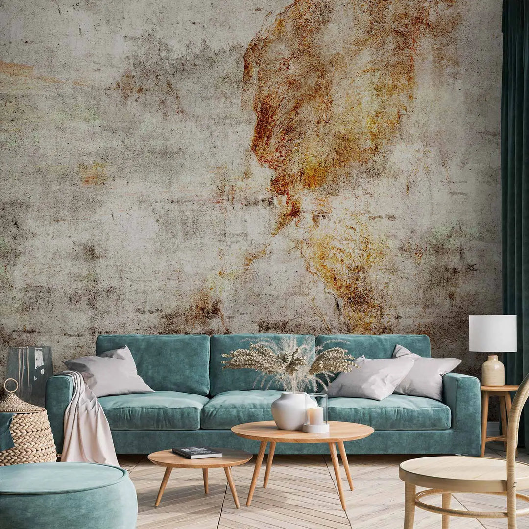 Industrial-style photo wallpaper with an aged concrete texture, complemented by striking rust stains, dark scratches, and subtle greenish moss accents.