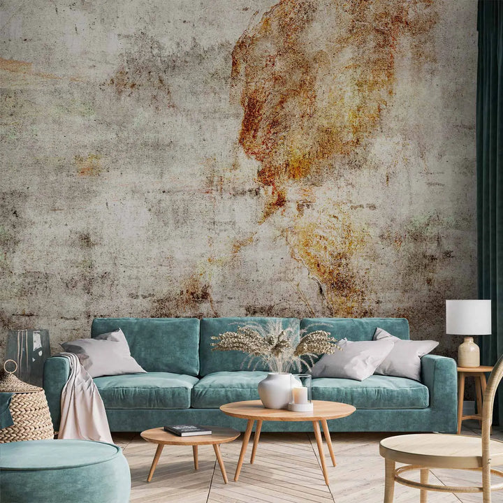 Industrial-style photo wallpaper with an aged concrete texture, complemented by striking rust stains, dark scratches, and subtle greenish moss accents.