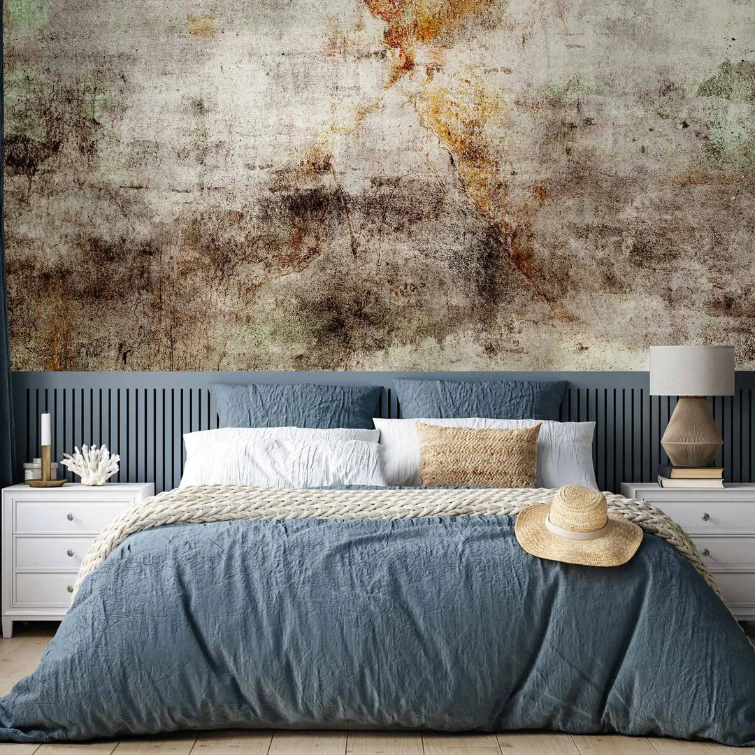 Industrial-style photo wallpaper with an aged concrete texture in the bedroom