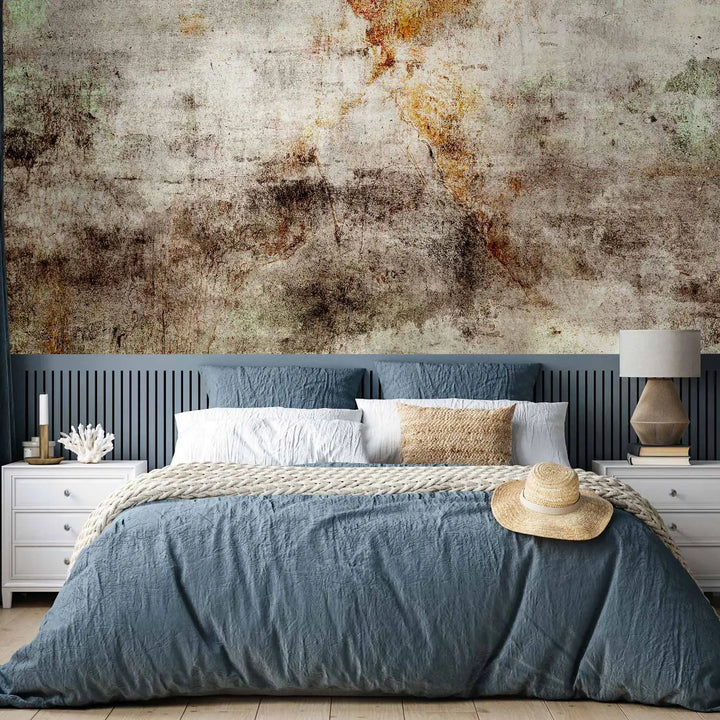 Industrial-style photo wallpaper with an aged concrete texture in the bedroom