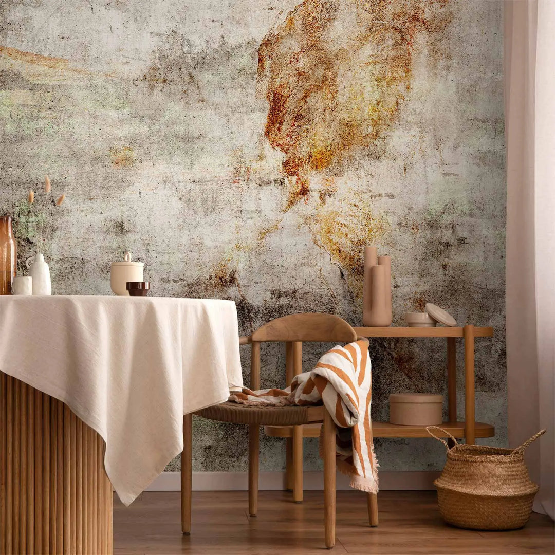 Industrial-style photo wallpaper with an aged concrete texture in the living room
