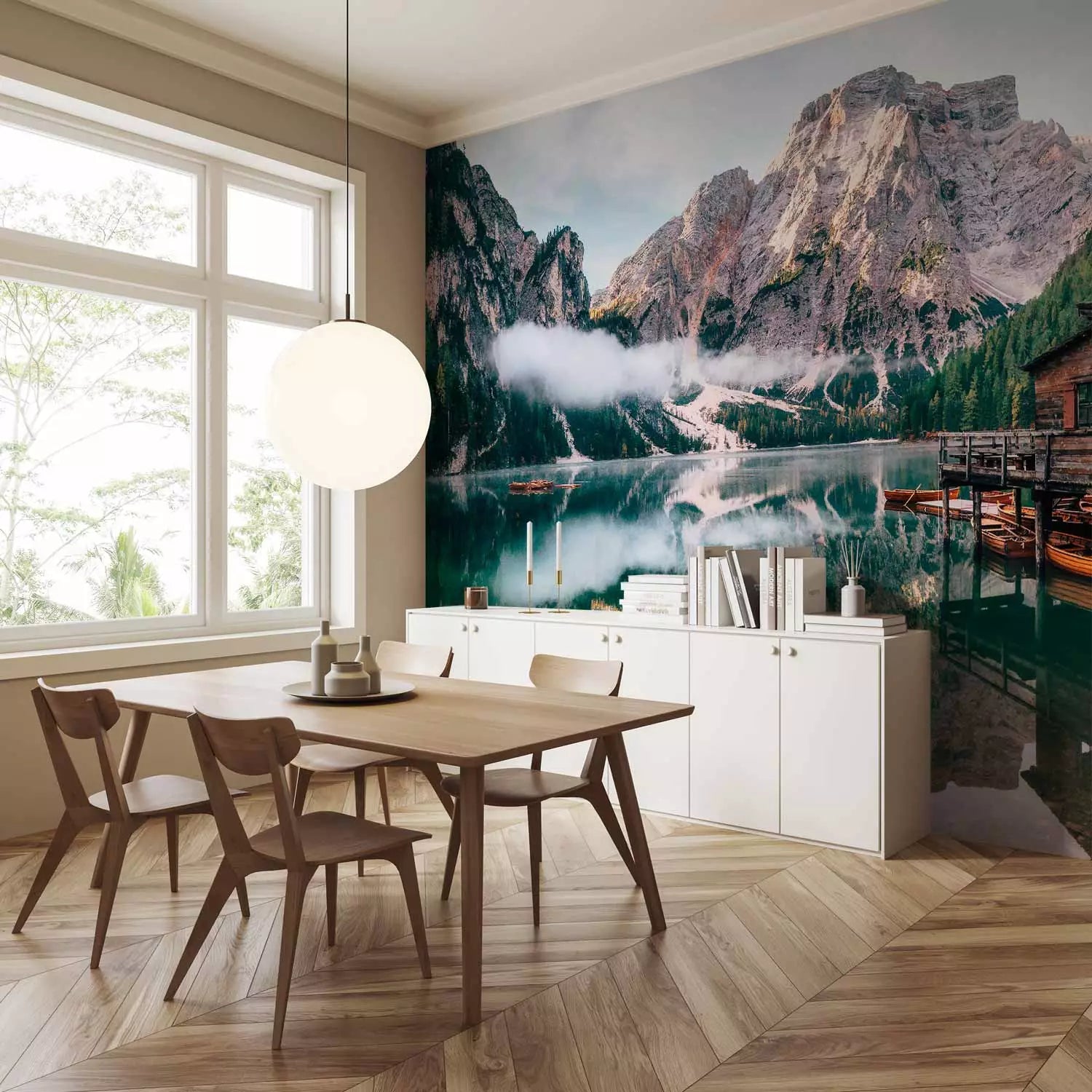 Fototapetes - Ainava ar koka māju un laivām uz kalnu fona G-ART