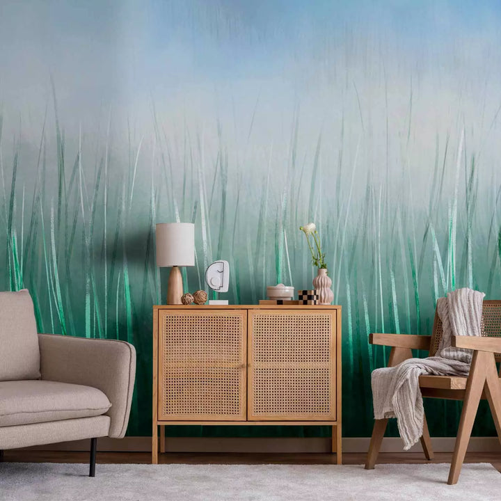 Fototapetes - ainava ar uzgleznotu zāli uz gaiši zila fona - 143764 G-ART