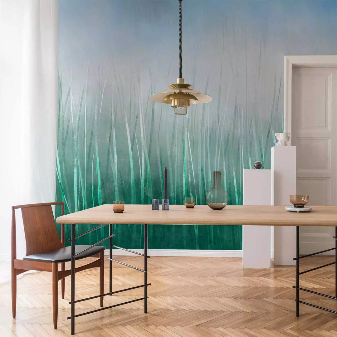 Fototapetes - ainava ar uzgleznotu zāli uz gaiši zila fona - 143764 G-ART