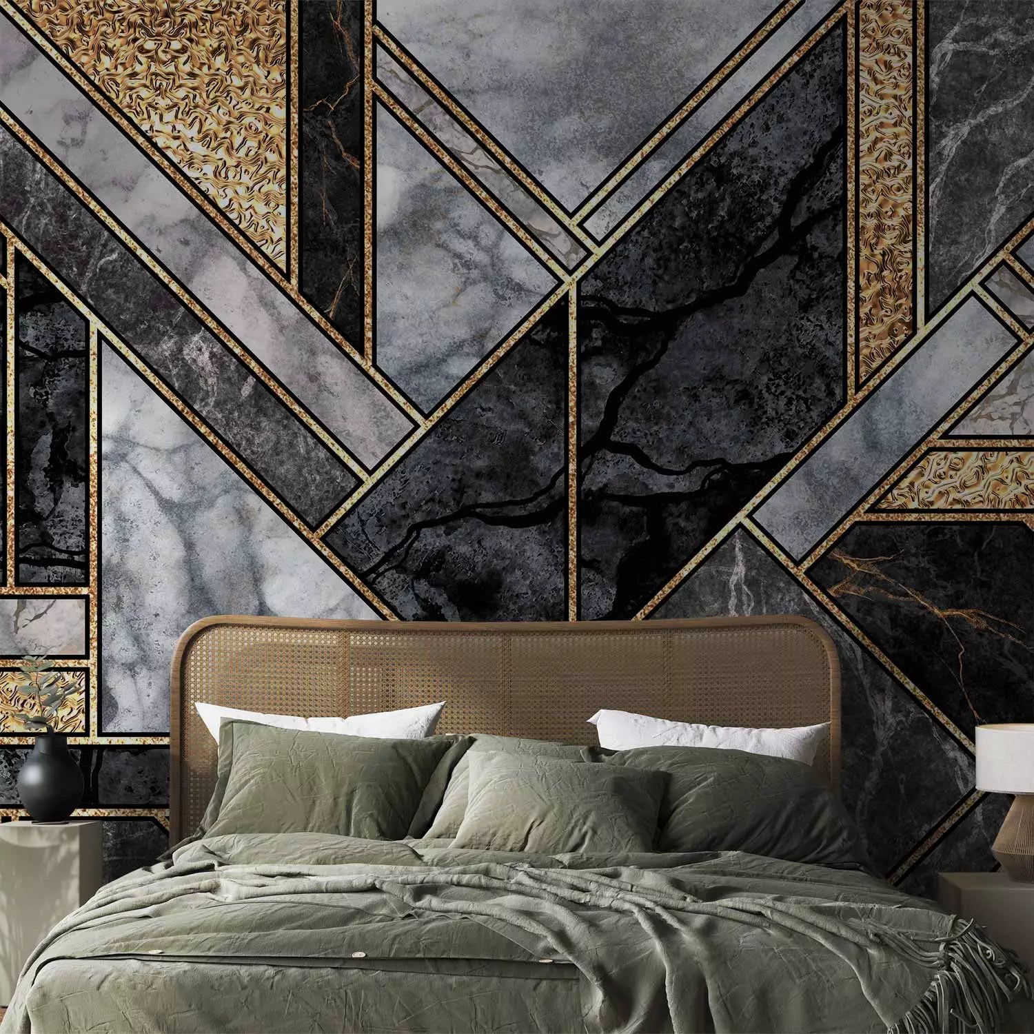 Fototapetes  - Ģeometrisks art deco - melns marmors ar zelta akcentu G-ART