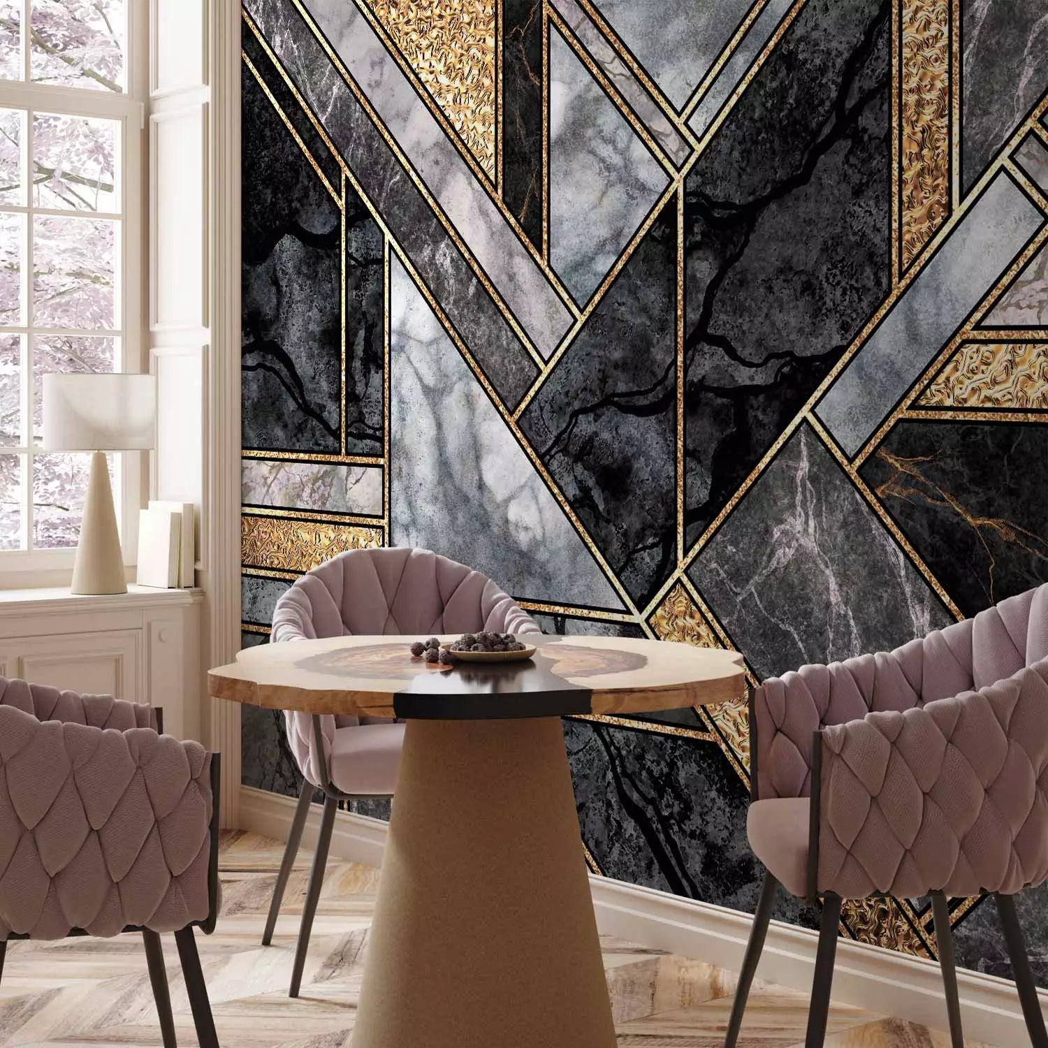 Fototapetes  - Ģeometrisks art deco - melns marmors ar zelta akcentu G-ART