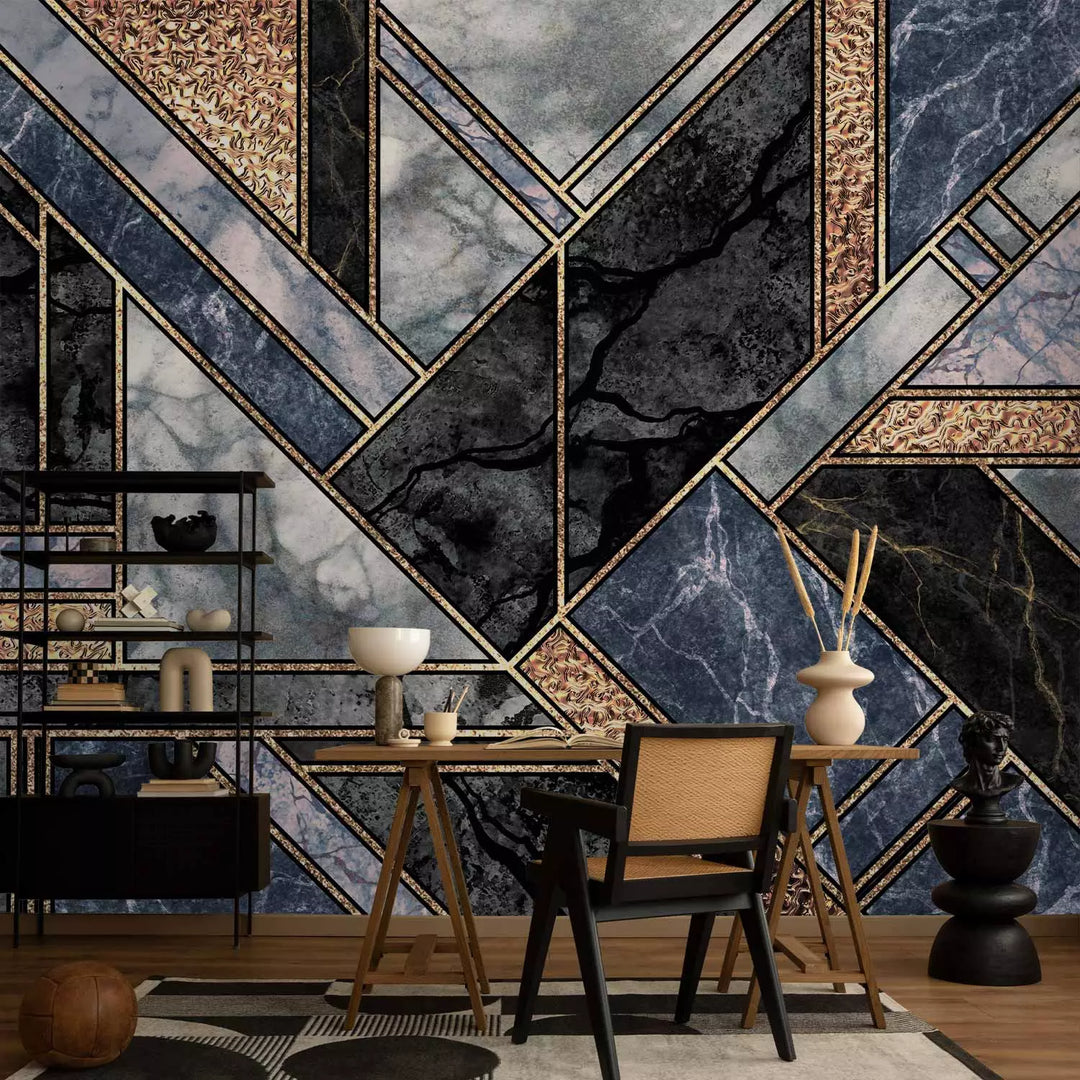 Fototapetes art deco flīzes rakstu, melna, zila, pelēka, zelta krāsa G-ART