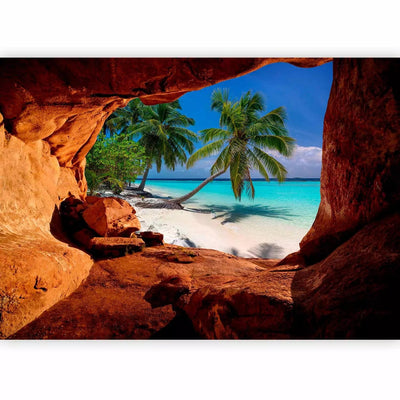 Valokuvatapetti - maisema trooppisella saarella ja palmuilla ja sinisellä taivaalla, 96977G-ART