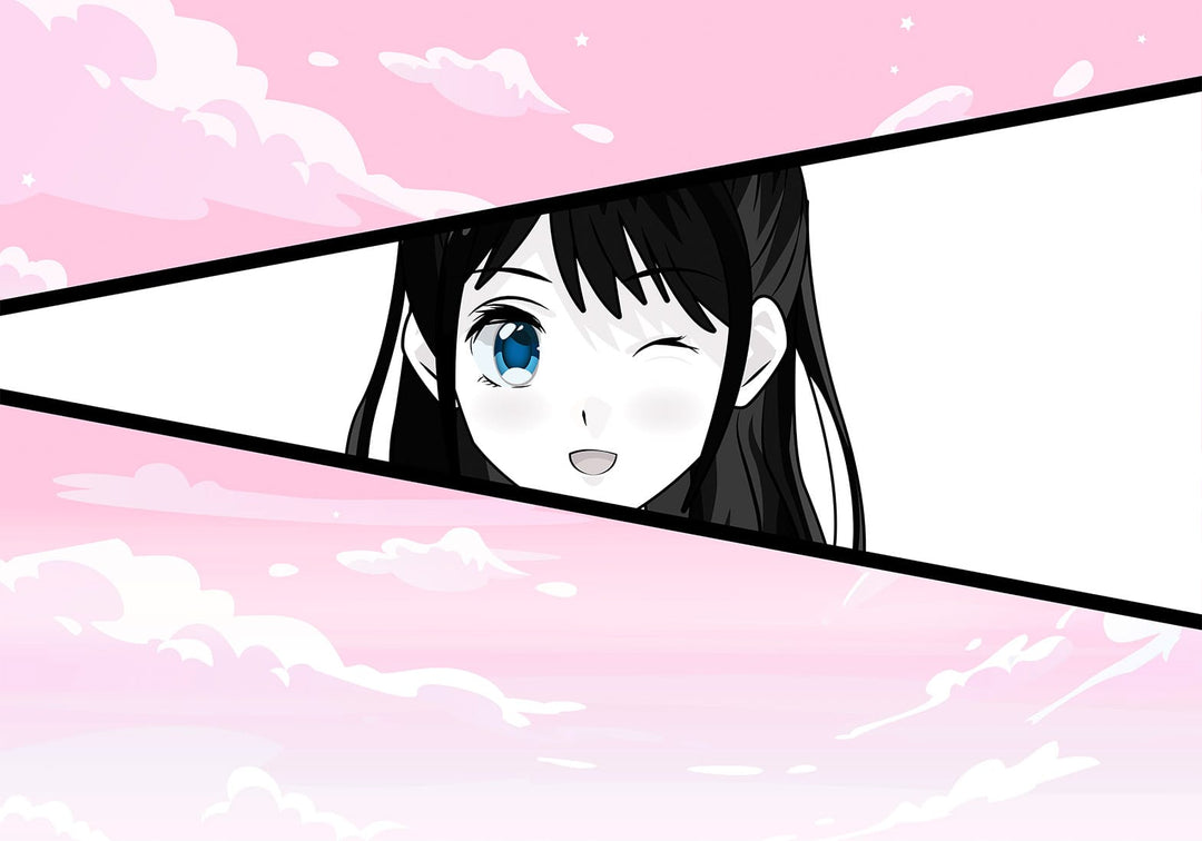 Koša un mūsdienīga anime stila fototapete ar smaidošu meiteni mangas kadrā uz rozā mākoņainu debesu fona
