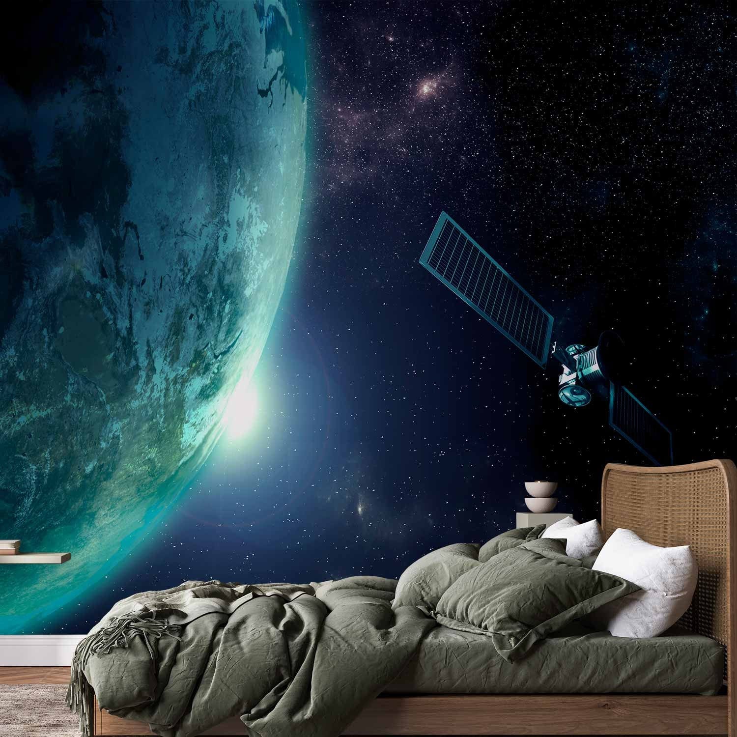 Fototapetes - Burvīgs kosmoss - galaktikas ainava ar Zemi un satelītu G-ART