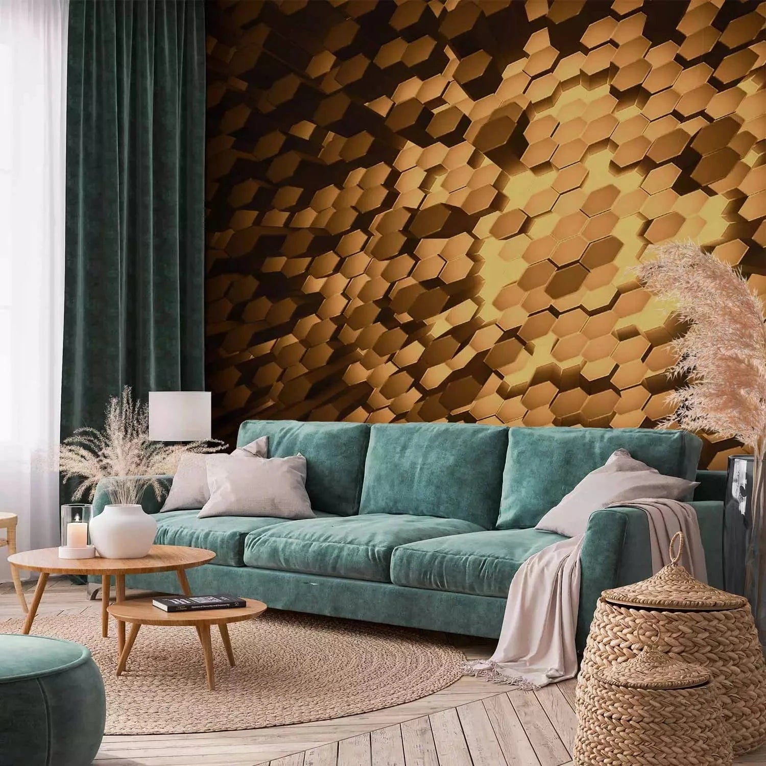 Fototapetes ar 3D efektu un zeltainiem sešstūriem Tapetenshop.lv