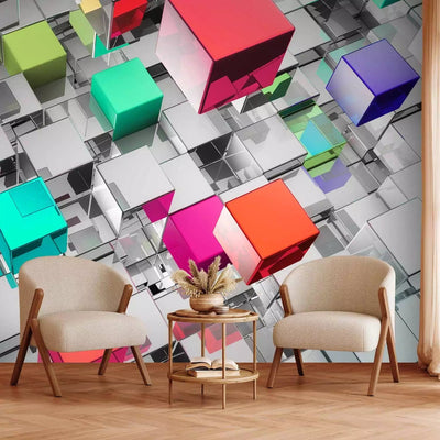 Wall Murals with 3D optical illusion - Futuristic cubes in red color G-ART