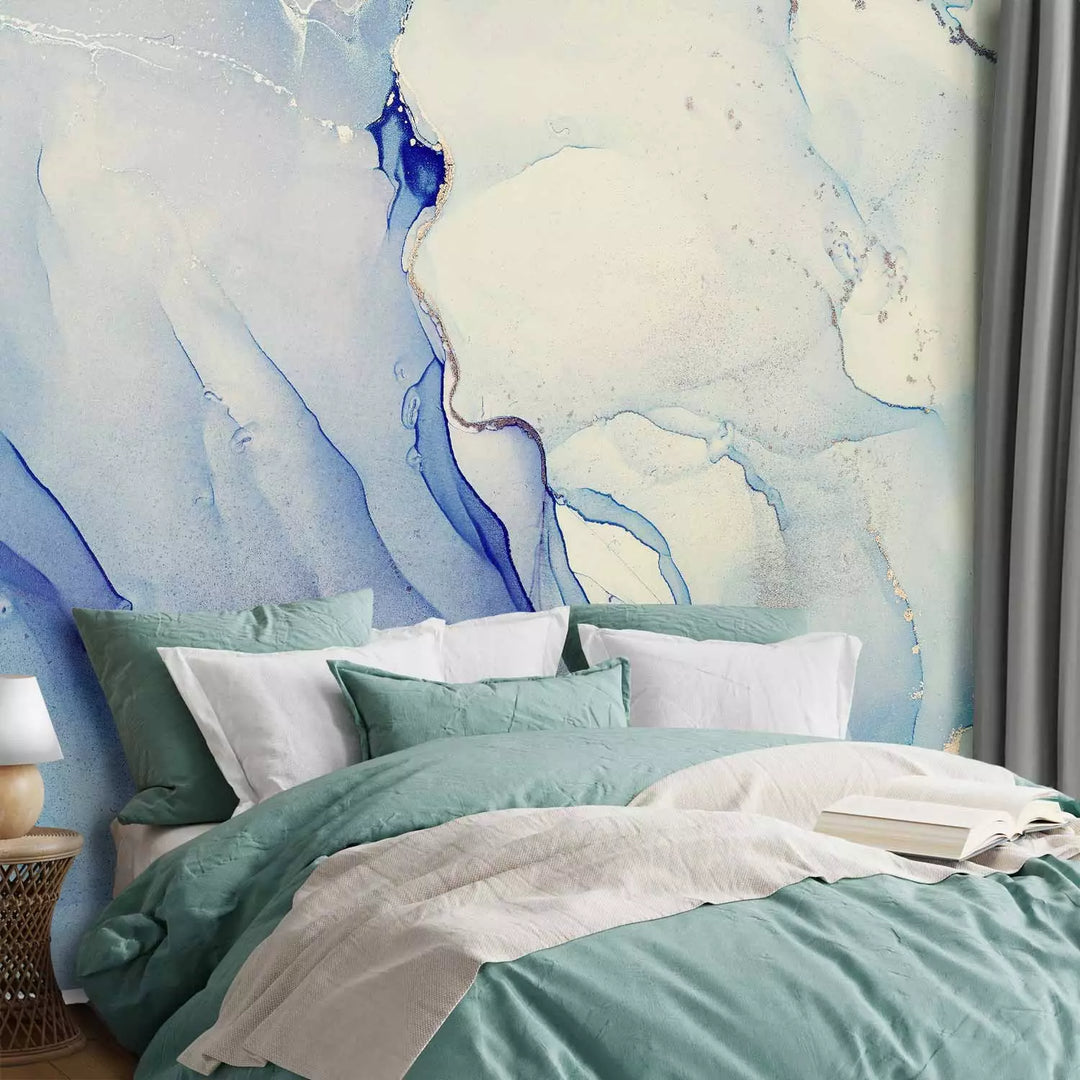 Fototapetes - Abstrakcija – zila krāsa, kas pārklāta ar baltām strūkām G-ART