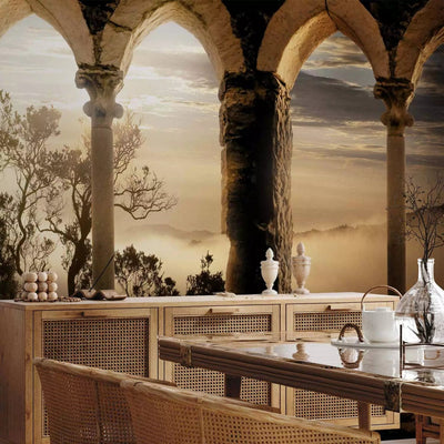 Wall Murals with stone arch and monastery in mysterious mountains - 60198G-ART