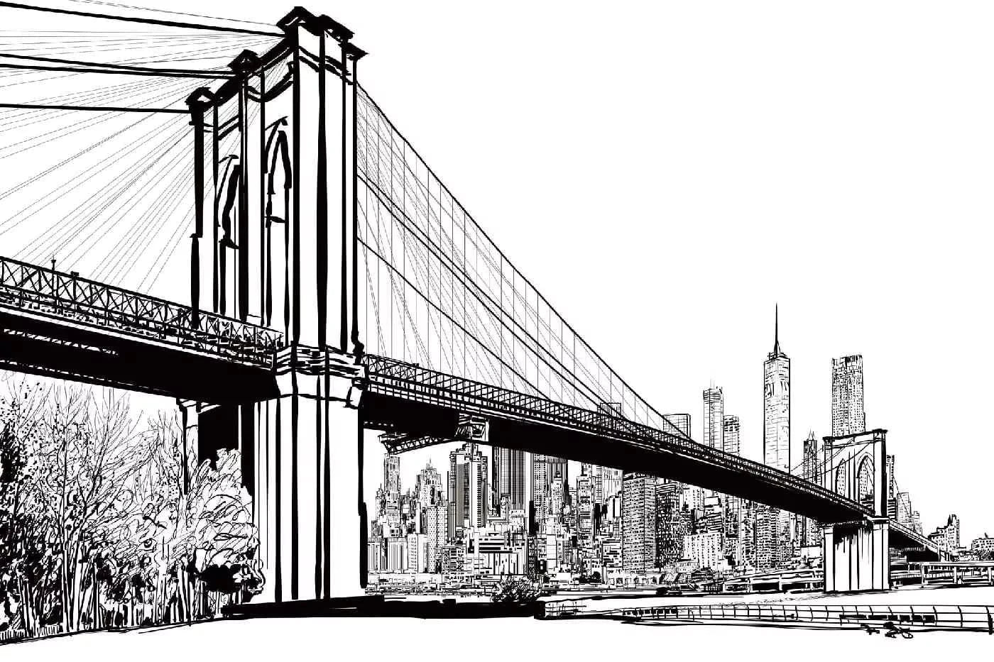 Fototapetes ar ASV tematiku - Bruklinas tilta ilustrācija,  melnbaltas D-ART