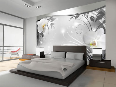 Wall Murals with white orchids - silver abstraction, 60133 g -art