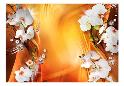 Fototapetes ar baltām orhidejām uz abstrakta oranža fona, 61926 G-ART