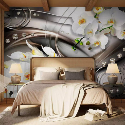 Wall Murals - white orchids on the background of silver composition, 60182 G-art