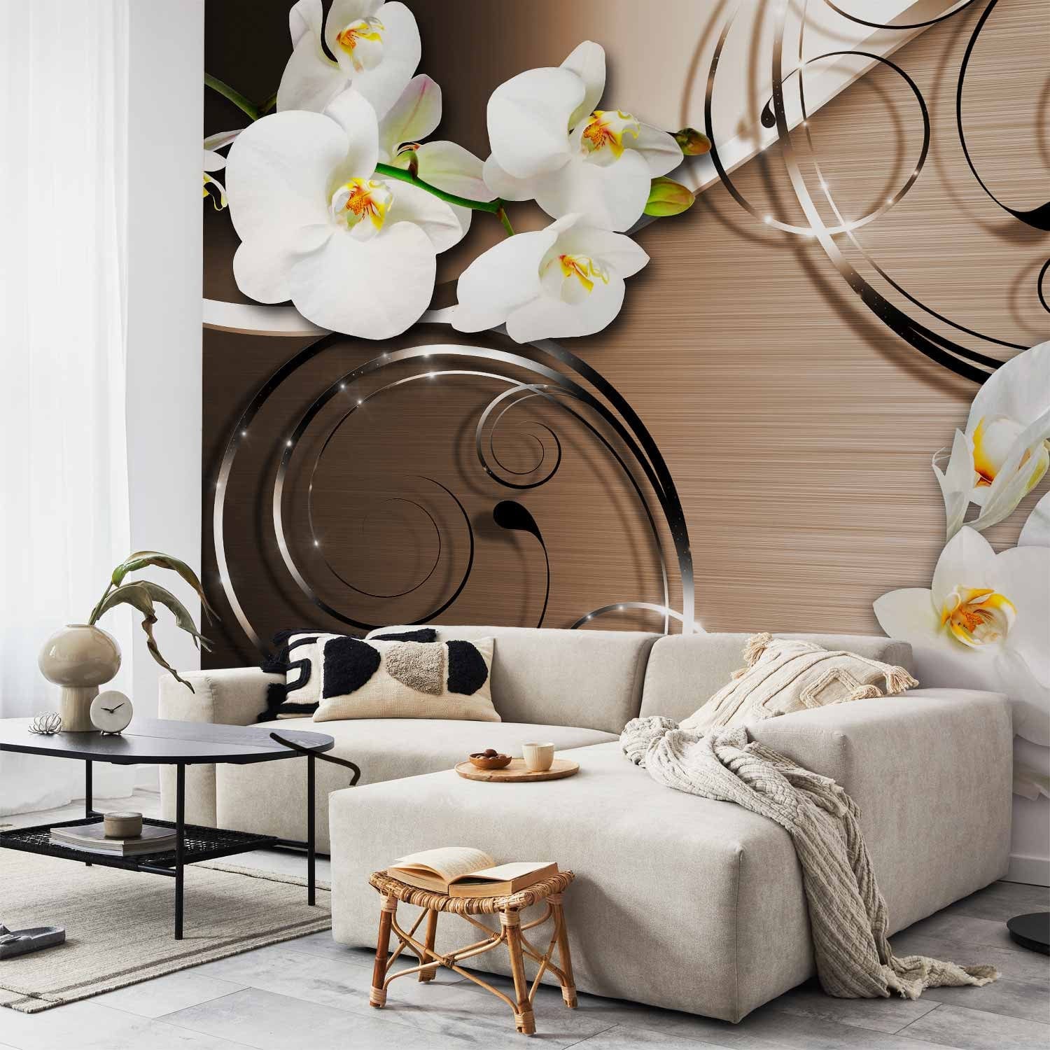 Fototapetes ar baltam orhidejām uz brūna fona - Uzticība - 59712  G-ART