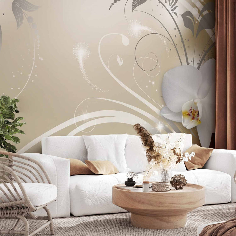 Wall Murals with white orchids on a gold background - gold dance, 59718 g -art