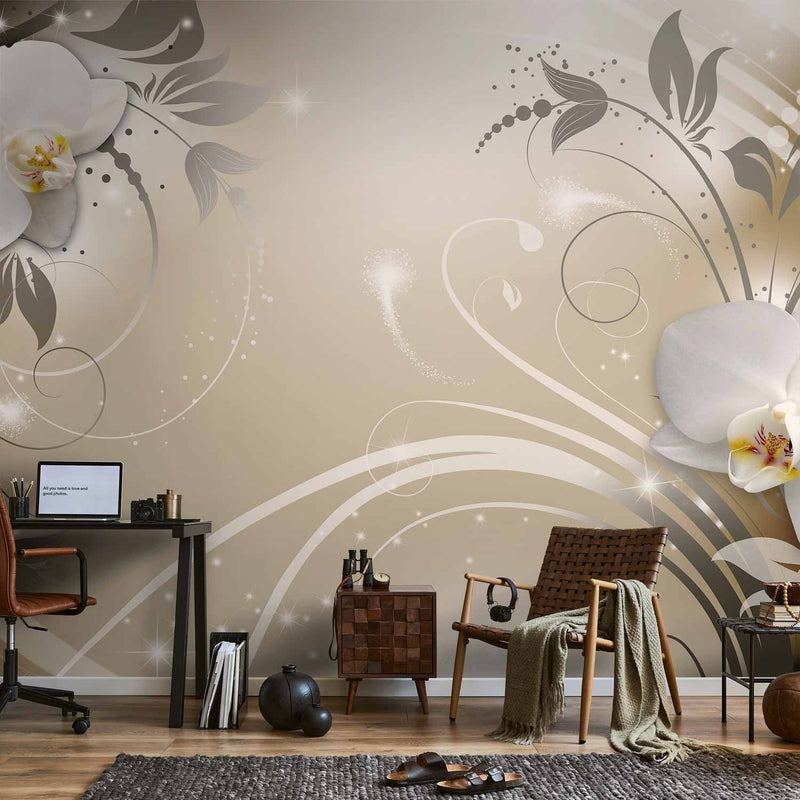 Wall Murals with white orchids on a gold background - gold dance, 59718 g -art