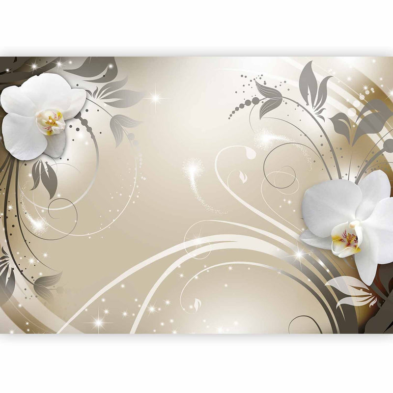 Valokuvatapetti Valkoisilla orkideoilla kultaisella taustalla - kultatanssi, 59718 g -Art
