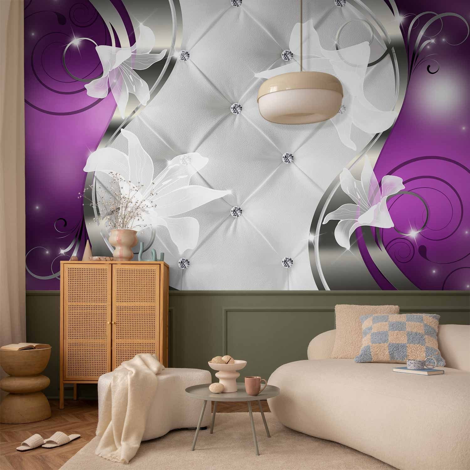 Fototapetes ar baltiem ziediem uz eleganta violeta fona - 60134 G-ART