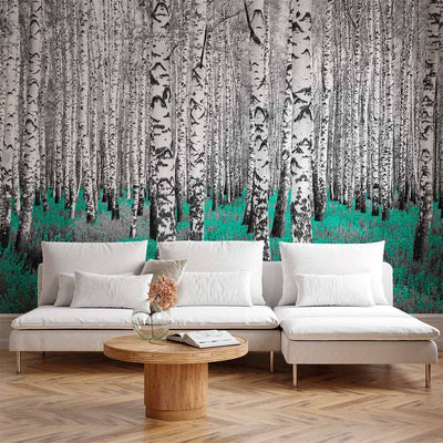 Wall Murals with birches - abstract forest landscape with birches and turquoise accent, 60518 G-ART