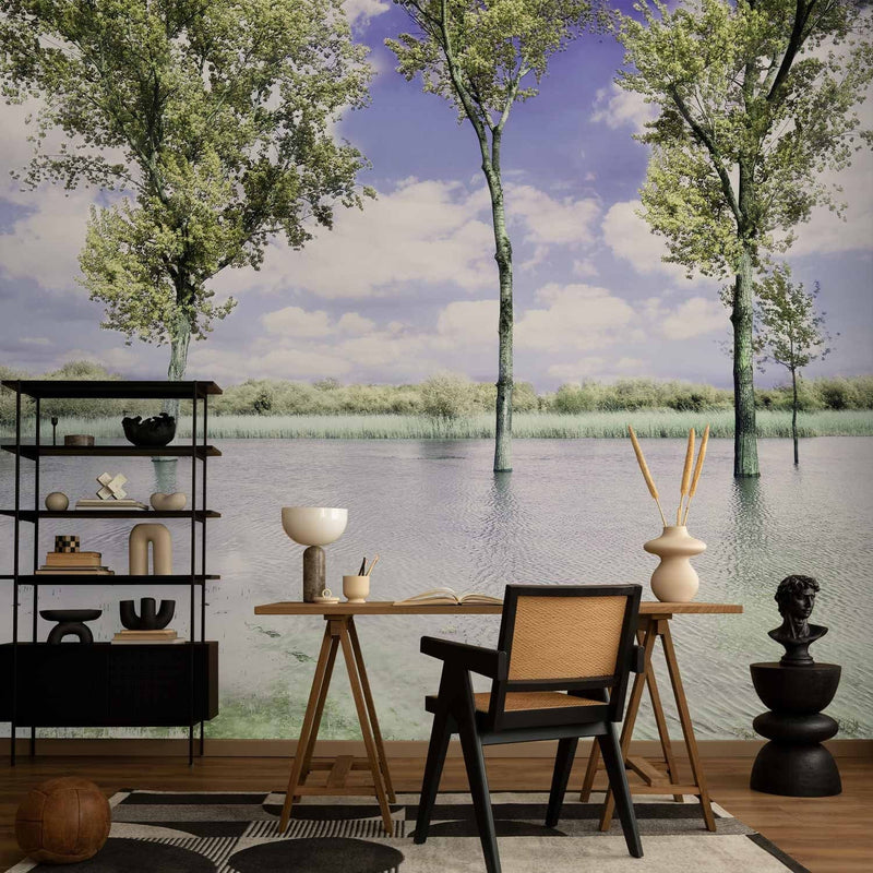 Wall Murals with nature view - Landscape with trees by the lake and blue sky, 60447 G-ART