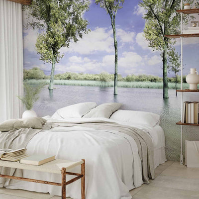 Wall Murals with nature view - Landscape with trees by the lake and blue sky, 60447 G-ART