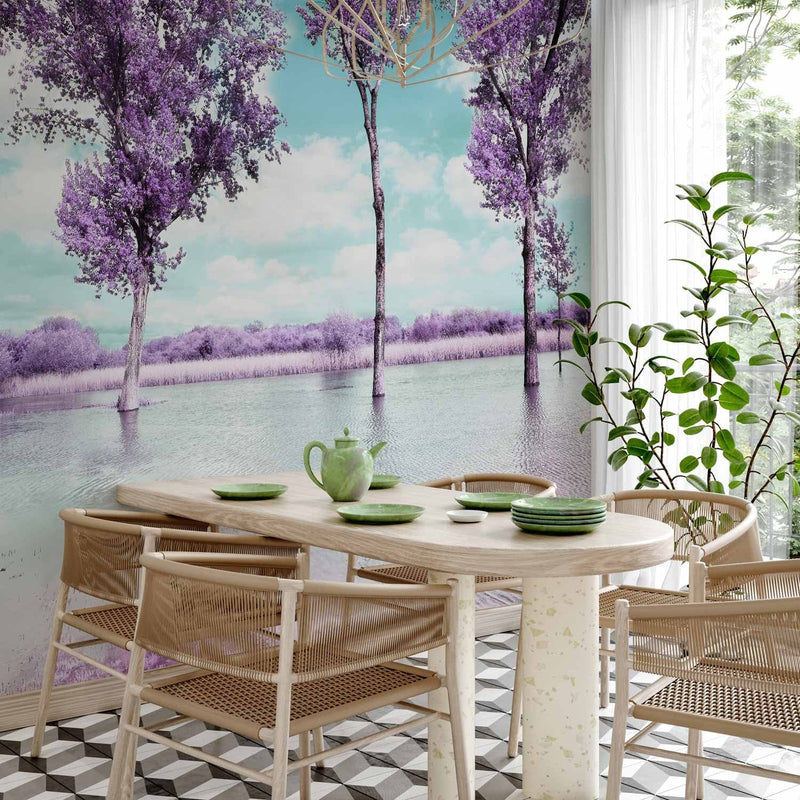 Valokuvatapetti luontonäkymällä - puut veden äärellä Provence-tyyliin violetissa värissä, 60444 G-ART