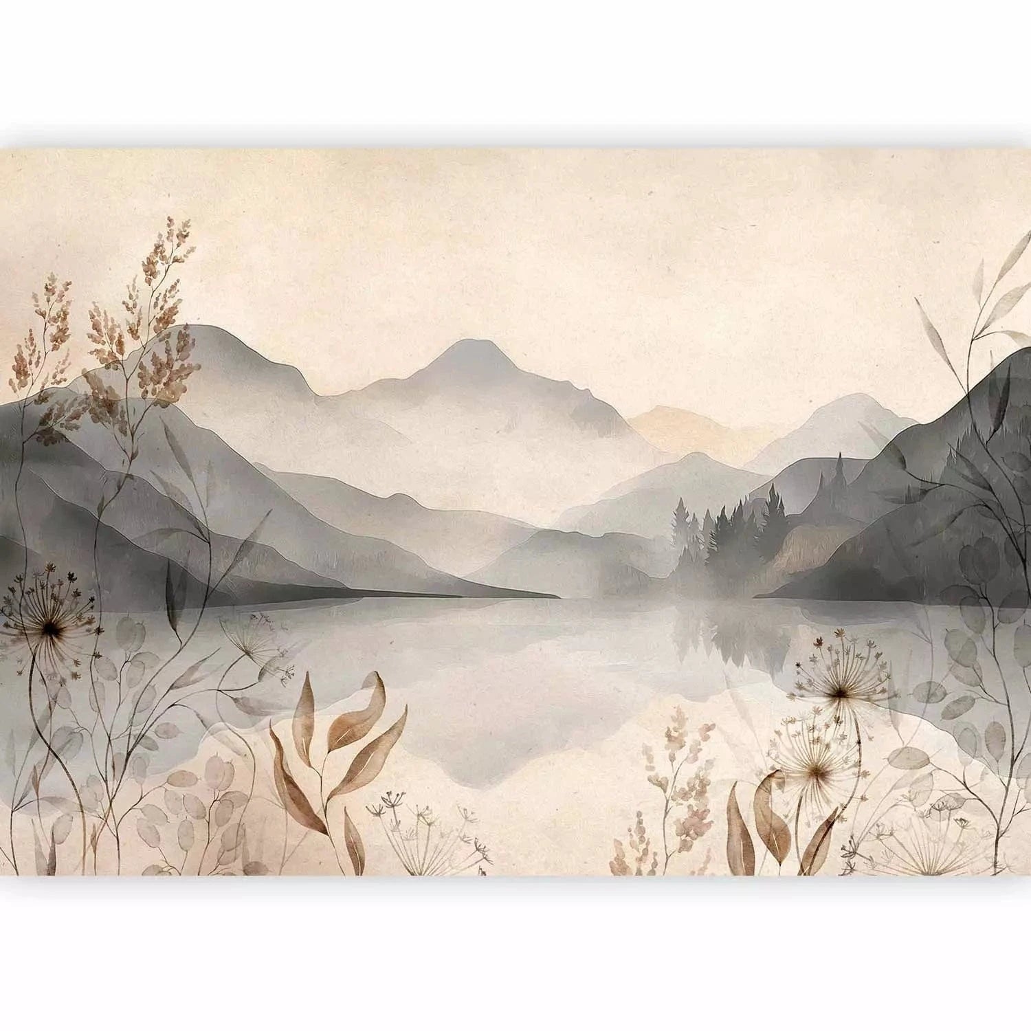 Fototapetes ar dabu - mierīga ainava ar ezeru, kalniem un miglu G-ART