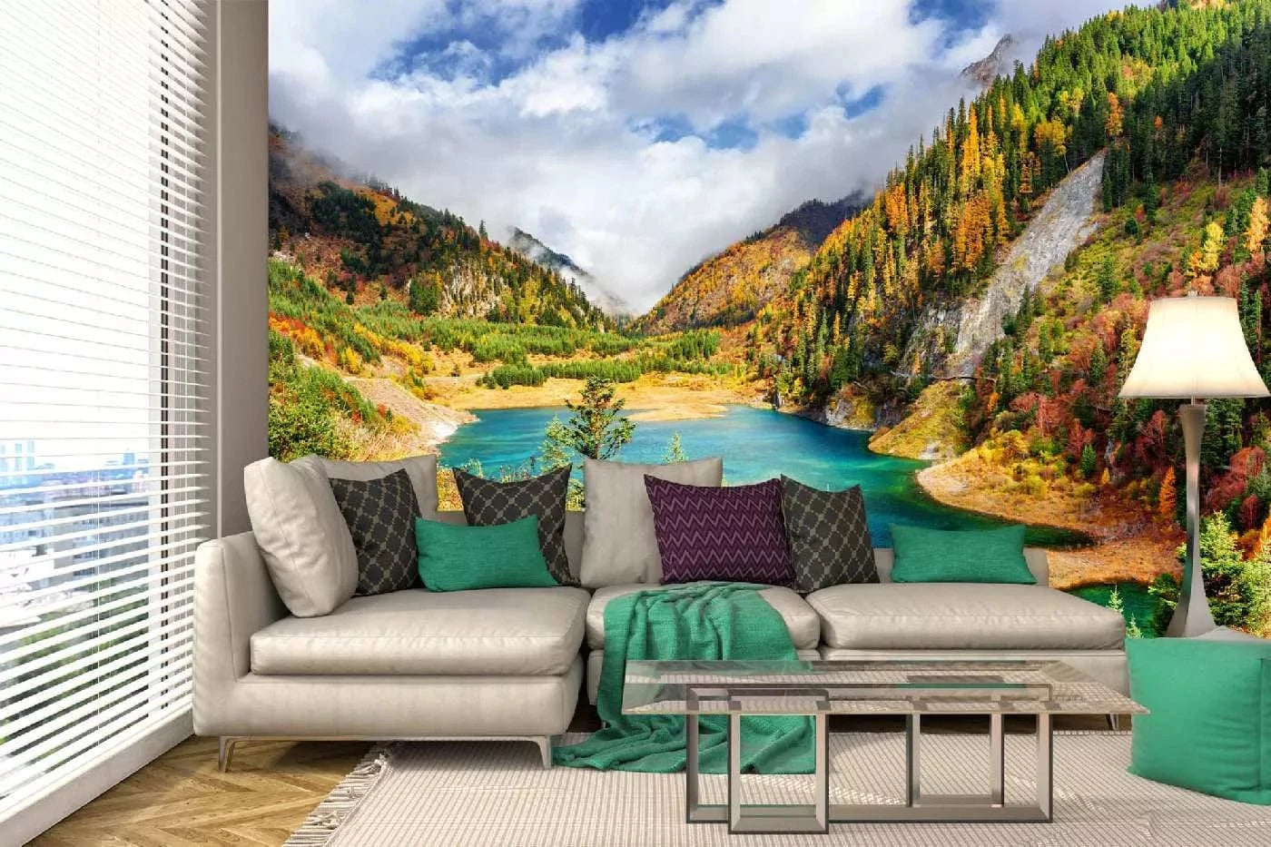 Fototapetes ar dabu - Rudens ainava un ezers, zilā, zaļā krāsā D-ART